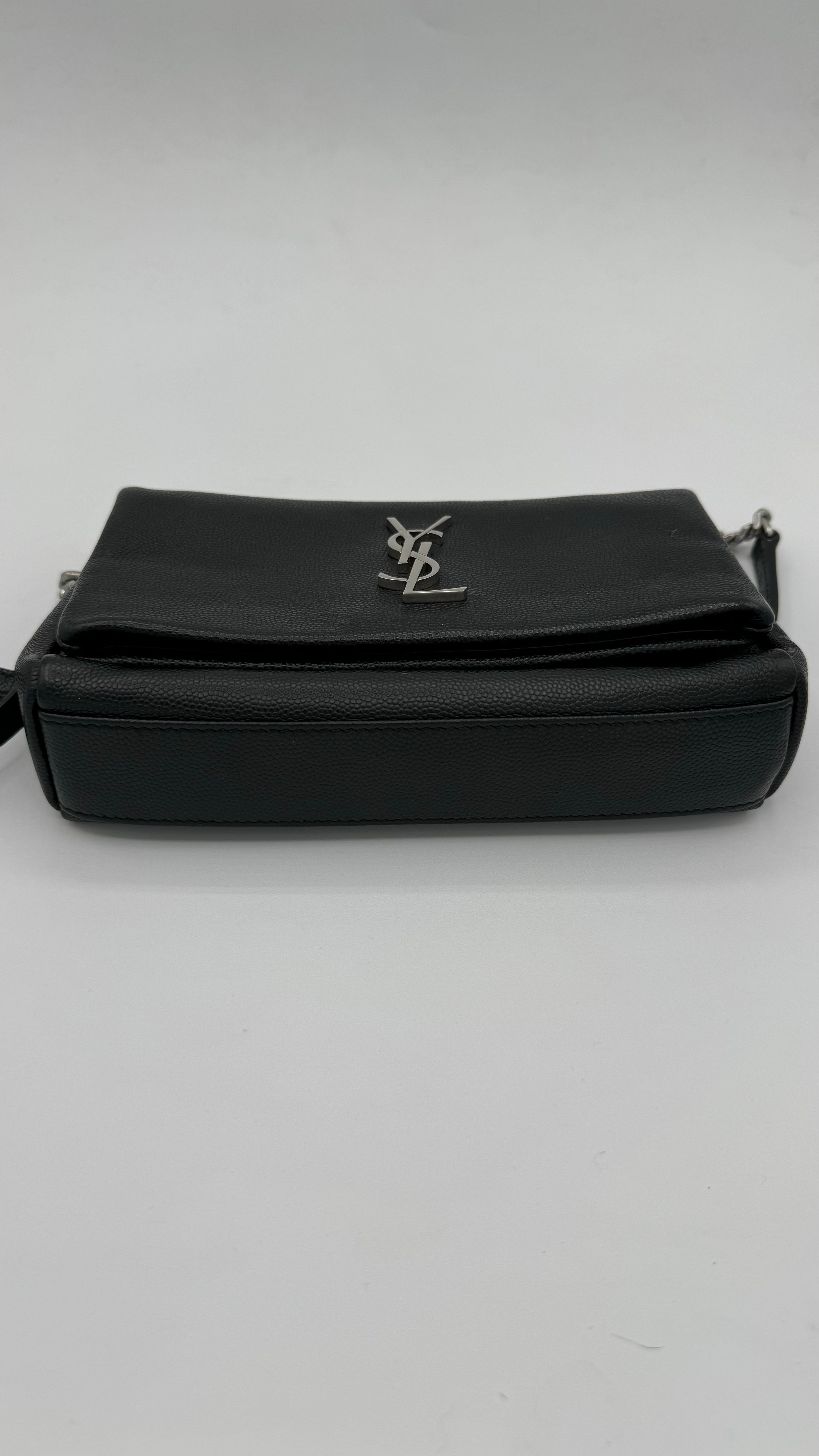 VINTAGE Saint Laurent Grain De Poudre Monogram Toy West Hollywood Fold-Over Bag Black